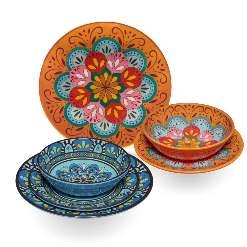 Melamin Geschirr Set Toskana Pastel für 2 Personen - 8 Teile - Orange-Blau - mit Edelstahltassen Mandala-Optik Spülmaschinengeeignet Essgeschirr Campingzubehör Campinggeschirr Wohnwagen Camping