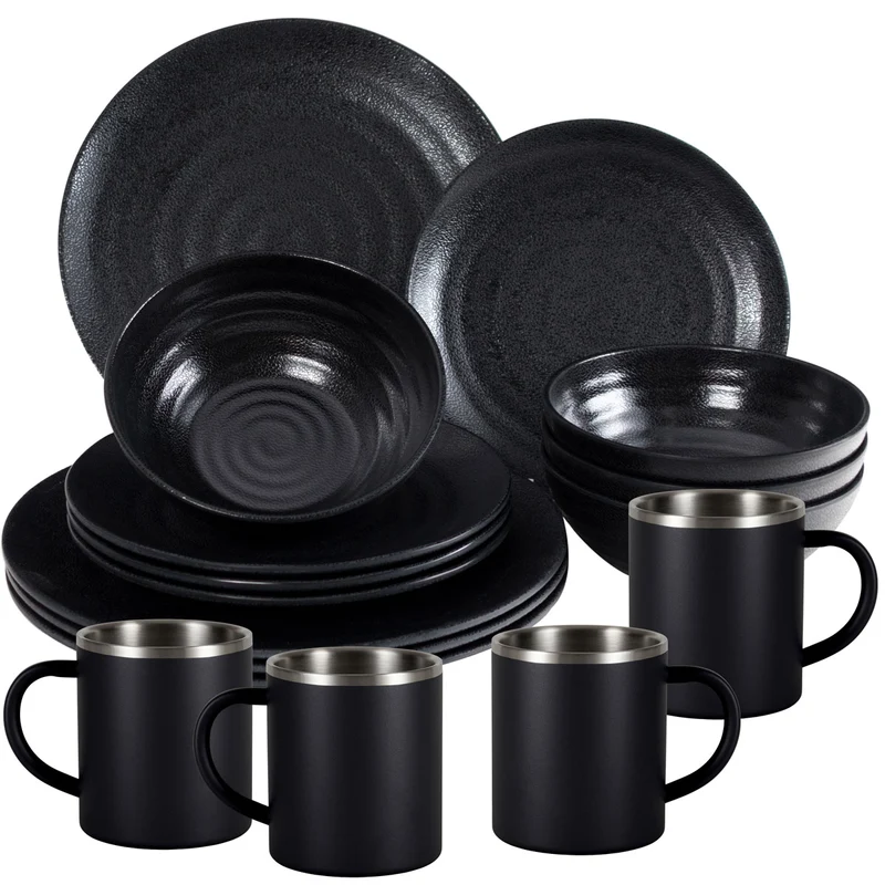 Melamin Geschirr Set Schwarz für 4 Personen 16 Teile mit Edelstahl Thermo Tassen doppelwandig - Essgeschirr - Campinggeschirr Picknick ideal für Camping modern Outdoor