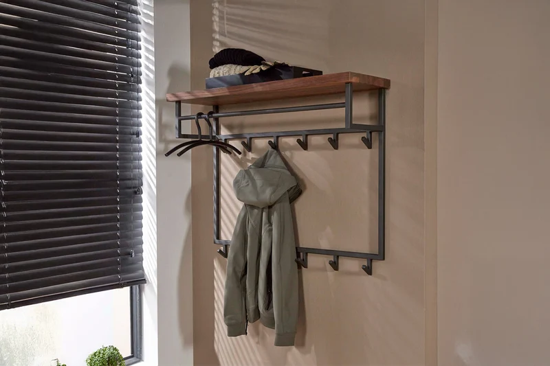 KAWOLA Garderobe ADELIA Nussbaum Metall Hutablage 12 Haken grau
