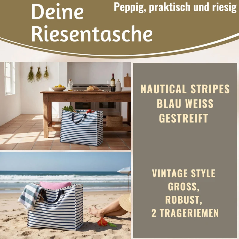XXL Jumbo Bag Nautical Stripes gestreift 55cm Recycelt Kunststoff Aufbewahrungstasche Einkaufstasche