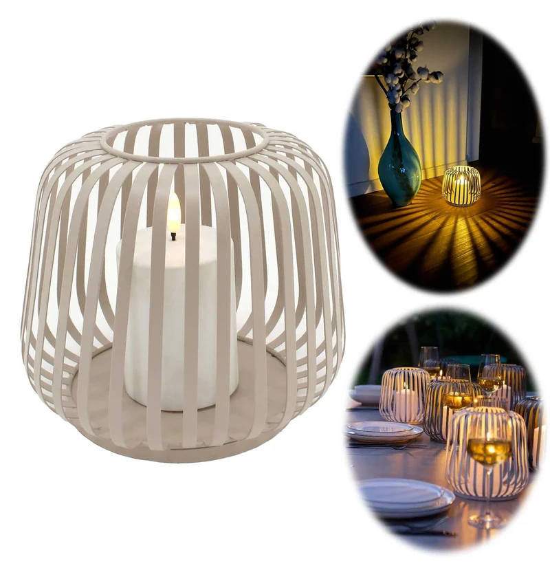 Solar Outdoor LED Windlicht Lampe Sand 20cm Stumpenkerze Timer Metall Kunststoff