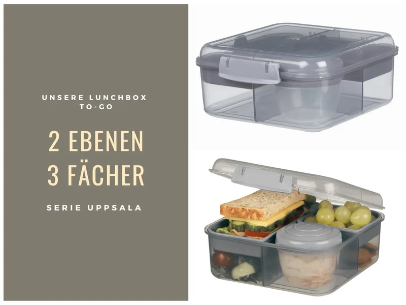 Bento Box Lunchbox Kunststoff Grau 3 Fächer 2 Ebenen Frühstücksbox Brotdose
