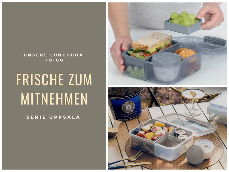 Bento Box Lunchbox Kunststoff Grau 3 Fächer 2 Ebenen Frühstücksbox Brotdose