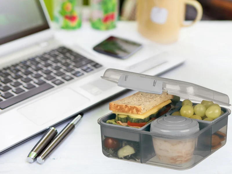 Bento Box Lunchbox Kunststoff Grau 3 Fächer 2 Ebenen Frühstücksbox Brotdose