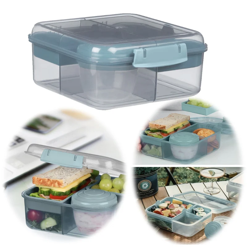 Bento Box Lunchbox Kunststoff Blau 3 Fächer 2 Ebenen Frühstücksbox Brotdose