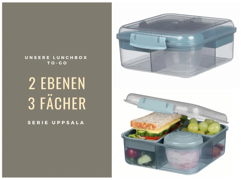 Bento Box Lunchbox Kunststoff Blau 3 Fächer 2 Ebenen Frühstücksbox Brotdose