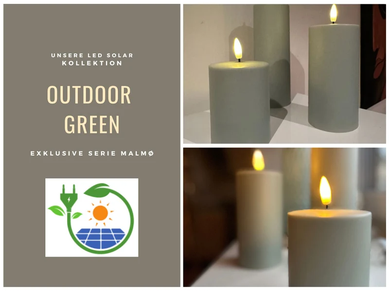 Solar Outdoor LED 3D Stumpenkerze 15x7,5cm Grün Timer Kunststoff flackernde Kerze
