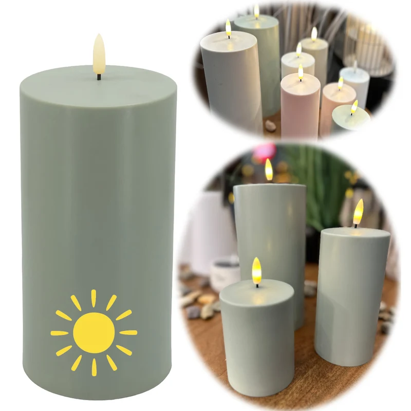 Solar Outdoor LED 3D Stumpenkerze 10x7,5cm Grün Timer Kunststoff flackernde Kerze