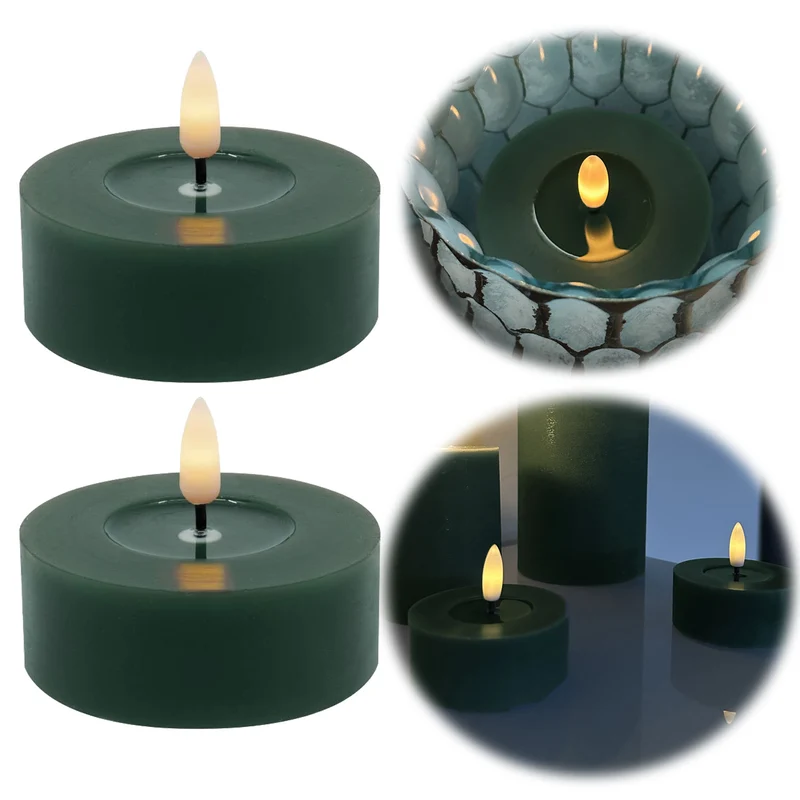 2x XL LED 3D Teelichter Ribe Grün 6,8cm Echtwachs Spiegel flackernde flammenlose Kerze