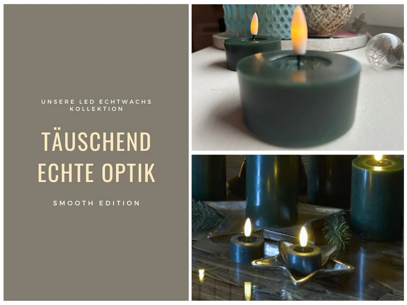 2x XL LED 3D Teelichter Ribe Grün 6,8cm Echtwachs Spiegel flackernde flammenlose Kerze