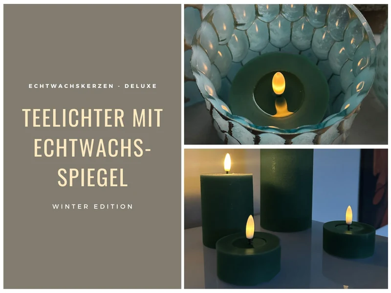 2x XL LED 3D Teelichter Ribe Grün 6,8cm Echtwachs Spiegel flackernde flammenlose Kerze