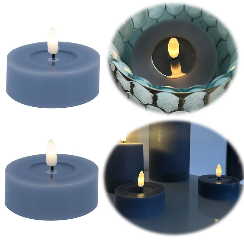 2x XL LED 3D Teelichter Ribe Blau 6,8cm Echtwachs Spiegel flackernde flammenlose Kerze