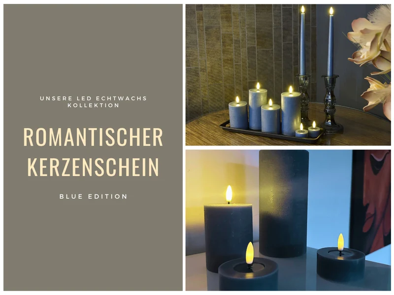 2x XL LED 3D Teelichter Ribe Blau 6,8cm Echtwachs Spiegel flackernde flammenlose Kerze
