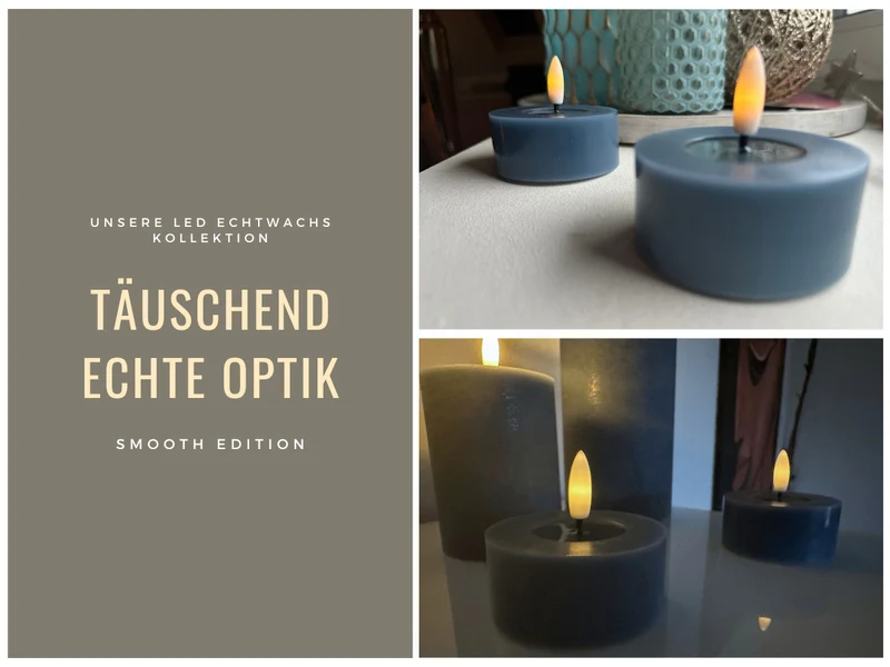 2x XL LED 3D Teelichter Ribe Blau 6,8cm Echtwachs Spiegel flackernde flammenlose Kerze