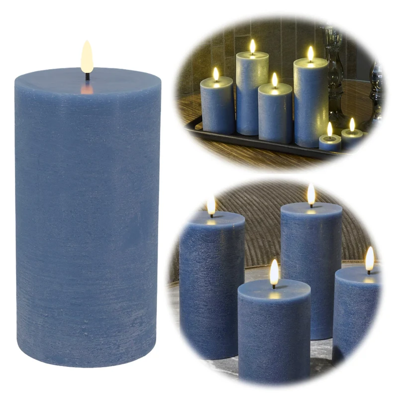 LED 3D Stumpenkerze Ribe Blau 20x10cm Echtwachs flackernde flammenlose Kerze