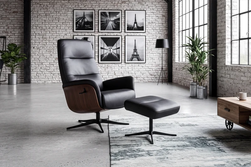 KAWOLA Relaxsessel SILVA Drehsessel Leder schwarz mit Hocker
