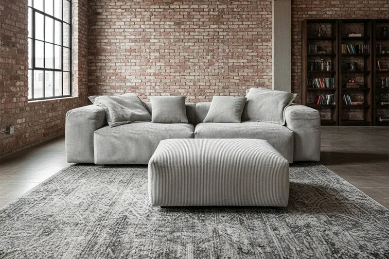 KAWOLA Sofa CELESTE 4-Sitzer mit Hocker Cord hellgrau