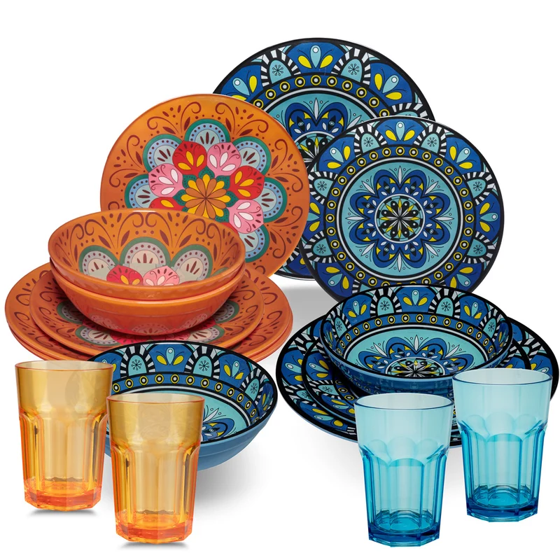 Melamin Geschirr Set Toskana Pastel für 4 Personen - 16 Teile - Orange-Blau - Mandala-Optik mit farblich passenden Trinkgläsern 400 ml aus Acryl Campinggeschirr