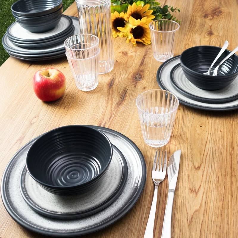 Melamin Geschirr Set für 4 Personen Grau Granit-Optik 16 Teile - mit grauen Trinkgläsern 300 ml - Campinggeschirr Geschirrset Tafelgeschirr - Spülmaschinengeeignet Tableware Outdoor Camping