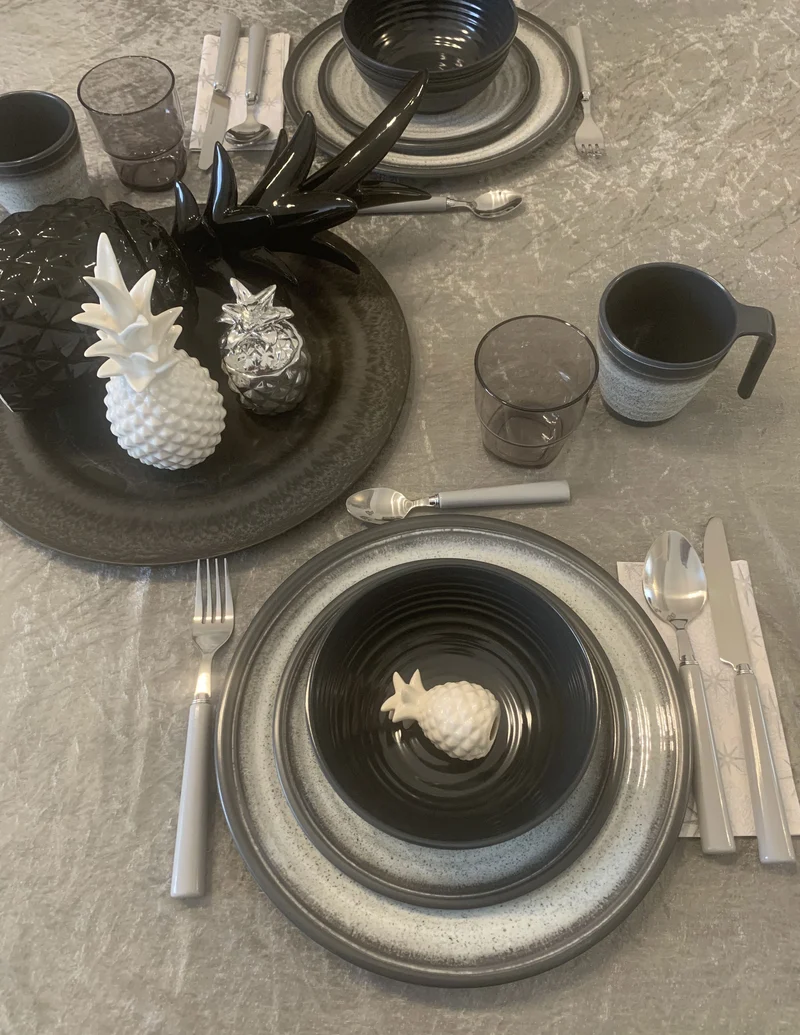 Melamin Geschirr Set für 4 Personen Grau Granit-Optik 16 Teile - mit grauen Trinkgläsern 300 ml - Campinggeschirr Geschirrset Tafelgeschirr - Spülmaschinengeeignet Tableware Outdoor Camping