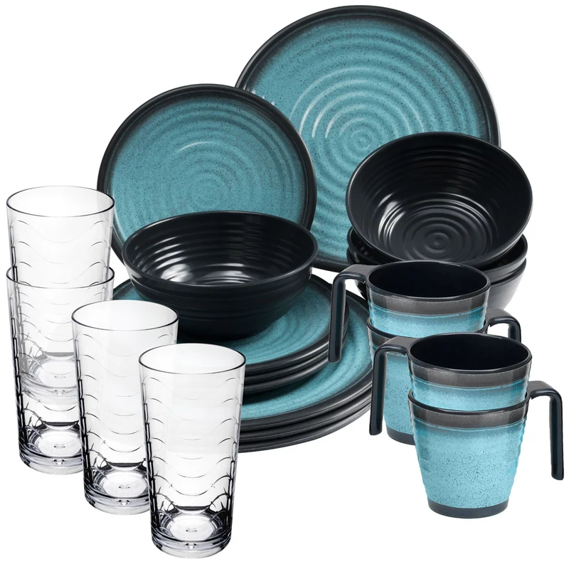 Melamin Geschirrset für 4 Personen blau schwarz - 20 Teile - mit Tassen und klaren Trinkgläsern 260 ml Campinggeschirr Essgeschirr Gläser Whiskey Campinggeschirr Picknick Camping Outdoor