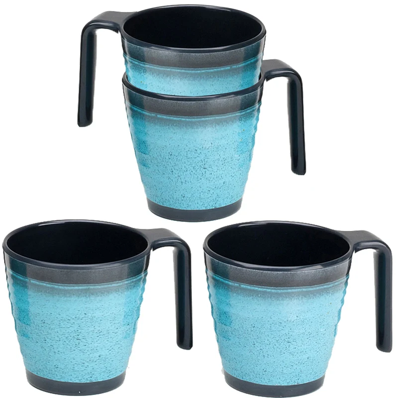 Melamin Geschirrset für 4 Personen blau schwarz - 20 Teile - mit Tassen und klaren Trinkgläsern 260 ml Campinggeschirr Essgeschirr Gläser Whiskey Campinggeschirr Picknick Camping Outdoor