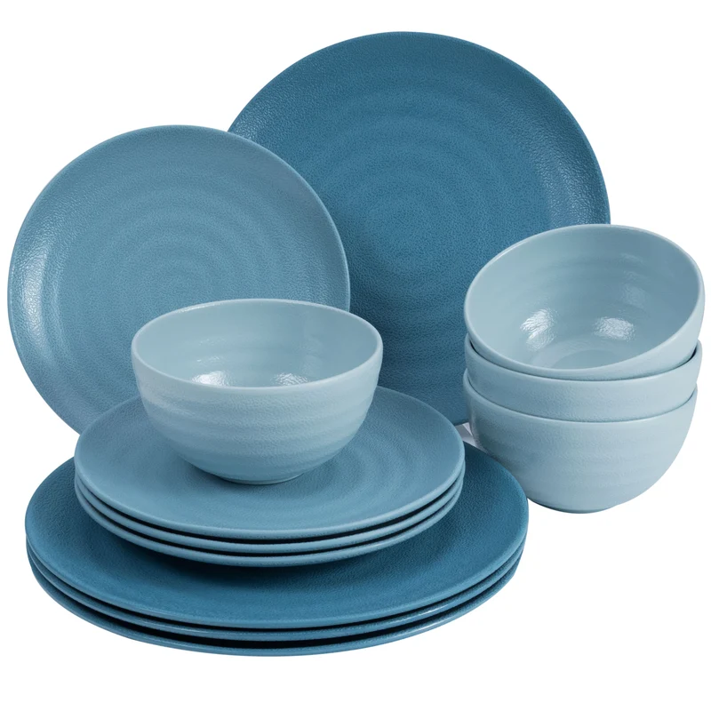 Melamin Geschirr Set 16 Teile elegante Steingut Optik in blau mit Wasserglas 260ml klar - für 4 Personen Essgeschirr Gläser Wasserglas Tumbler Whiskey - Campinggeschirr Picknick ideal Camping modern Outdoor