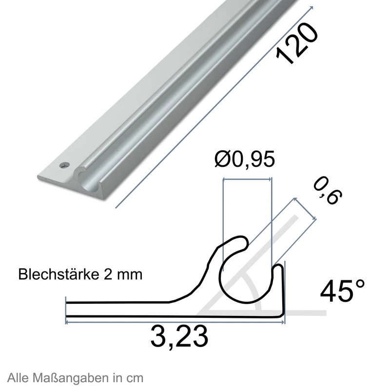 Alu Kederschiene - 1,2 Meter - Kederleiste - Neigung 45° - Ø9,5mm (passend für 7-8mm Keder) - Aluminium Kederprofil Leiste für Wohnwagen Wohnmobil Vorzelt Sonnensegel Schürzenleiste Vorzeltschiene