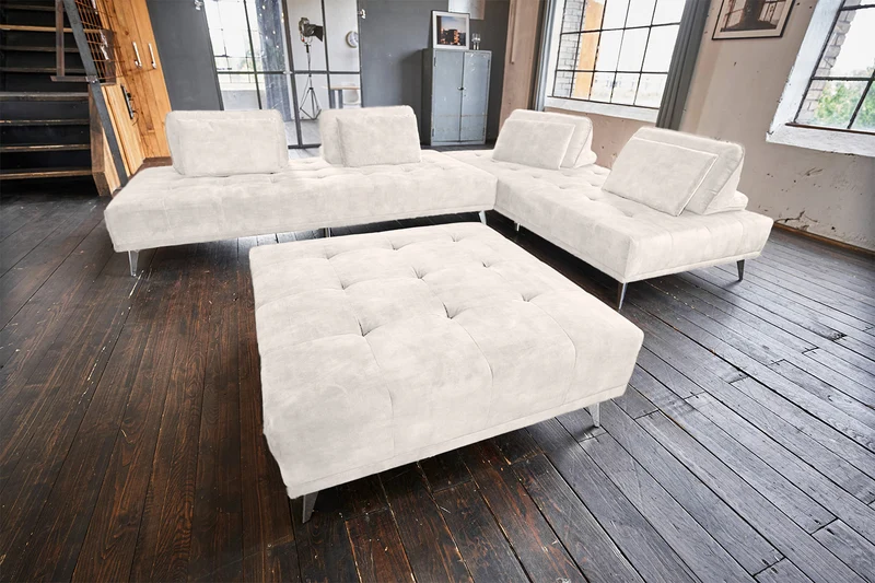 KAWOLA Sofa WIOLO Ecksofa velvet mit Hocker cremeweiß