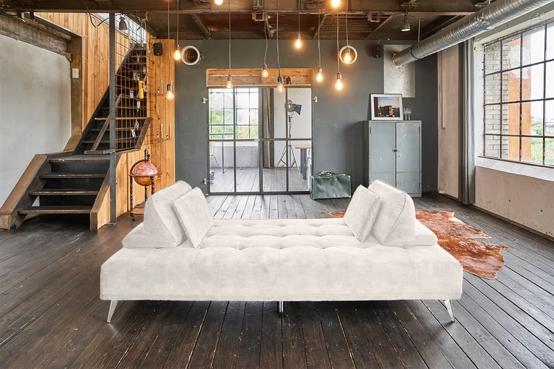 KAWOLA Sofa WIOLO Schlafsofa Daybed mit Hocker velvet cremeweiß