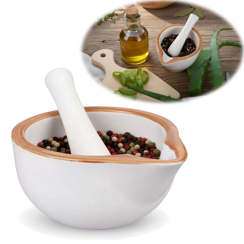 Keramik Mörser Stößel Set Braun Weiß Ø 12cm kleiner Gewürzmörser Zerkleinerer