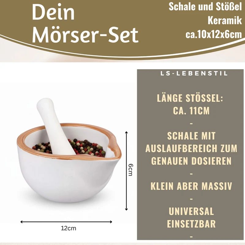 Keramik Mörser Stößel Set Braun Weiß Ø 12cm kleiner Gewürzmörser Zerkleinerer