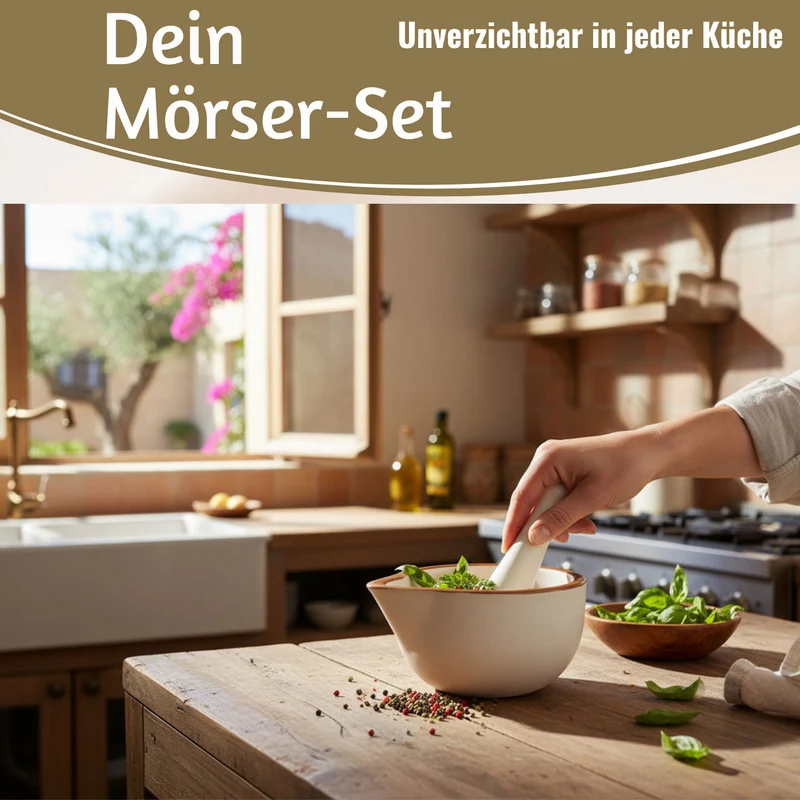 Keramik Mörser Stößel Set Braun Weiß Ø 12cm kleiner Gewürzmörser Zerkleinerer