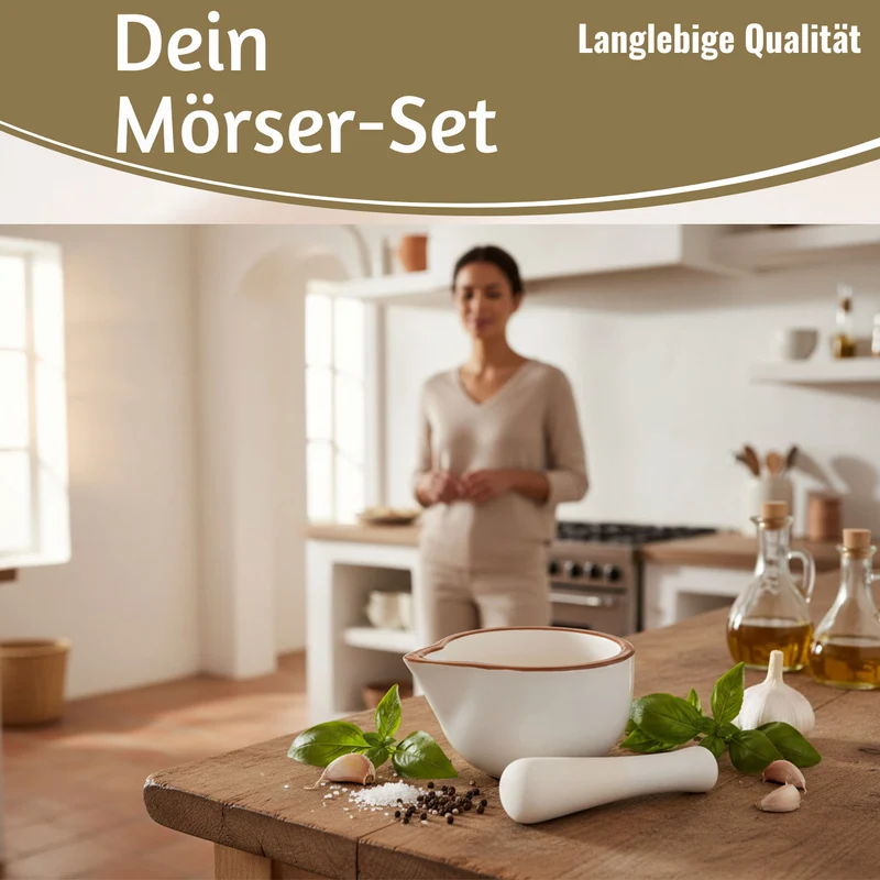 Keramik Mörser Stößel Set Braun Weiß Ø 12cm kleiner Gewürzmörser Zerkleinerer