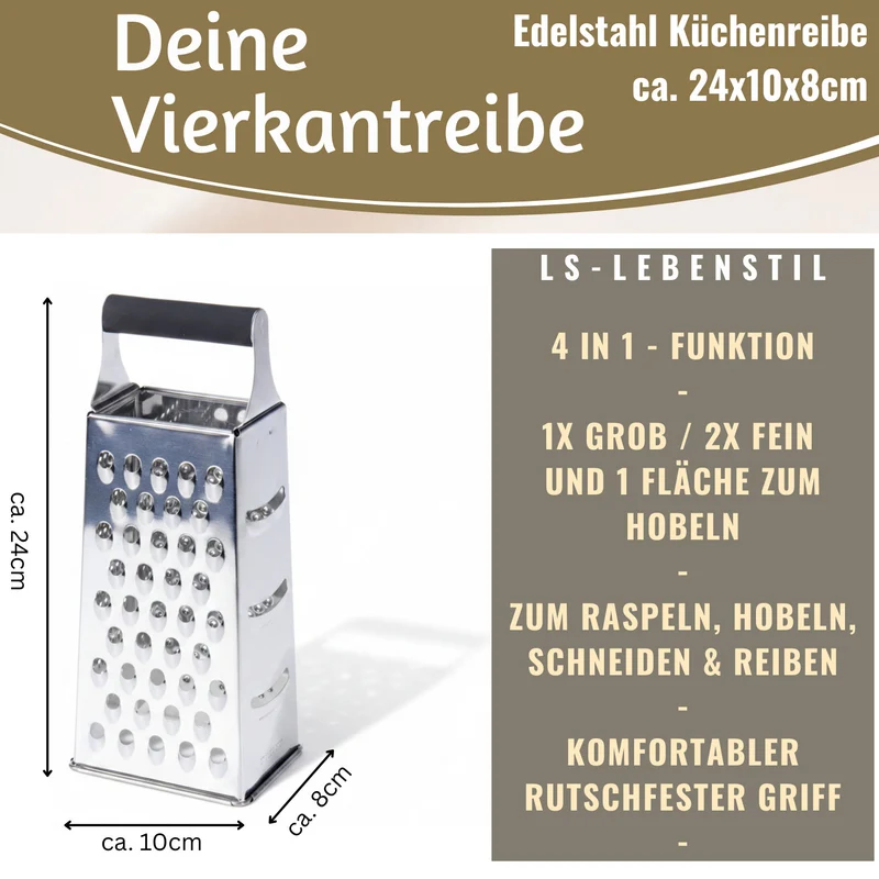 Edelstahl Vierkantreibe Gemüsereibe 24cm 4 verschiedene Reibeflächen Gurkenhobel