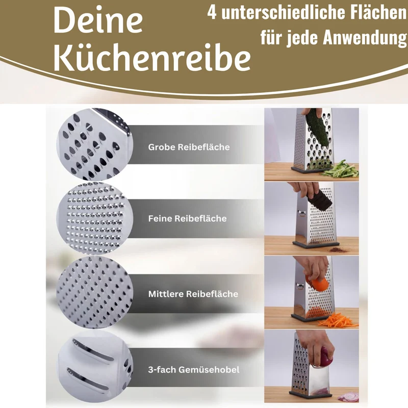 Edelstahl Vierkantreibe Gemüsereibe 24cm 4 verschiedene Reibeflächen Gurkenhobel