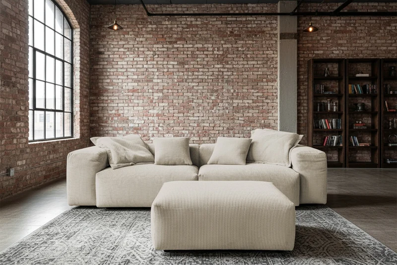 KAWOLA Sofa CELESTE 4-Sitzer mit Hocker Cord cremeweiß