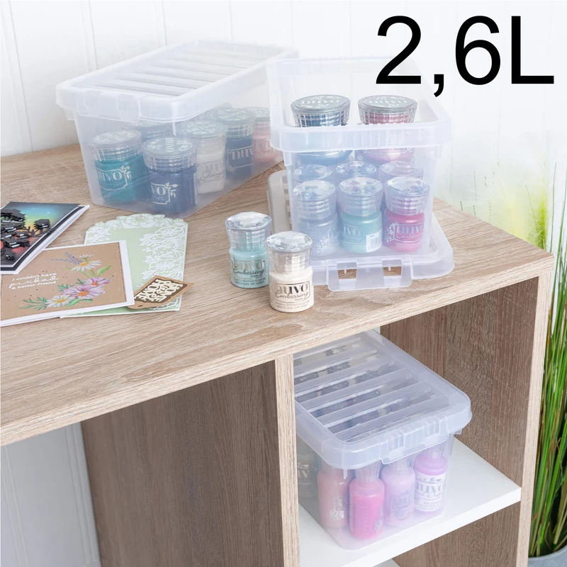 AUFBEWAHRUNGSBOX - 2,6 Liter - Aufbewahrungsbox mit Deckel - 24x14x12cm - transparent klar - stapelbar - Kunststoff Box Stapelkiste Ordnungsbox Büro DIY