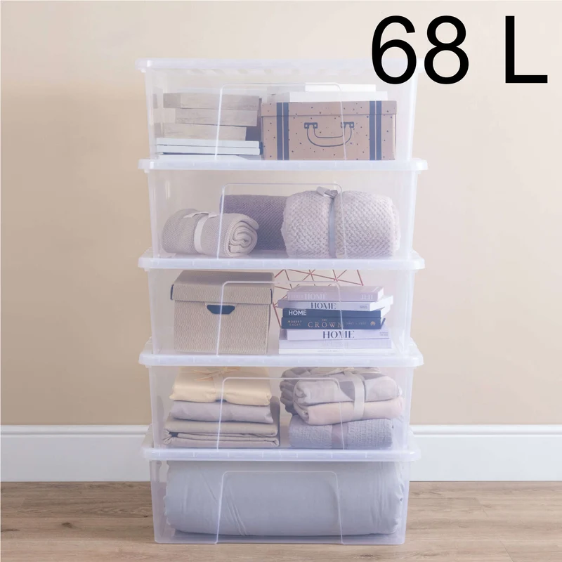 AUFBEWAHRUNGSBOX 68 Liter - Aufbewahrungsbox mit Deckel - 71x47x25cm - transparent klar - stapelbar - Kunststoff Box Stapelkiste Unterbettkommode Büro