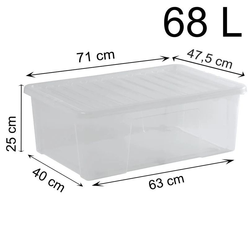 AUFBEWAHRUNGSBOX 68 Liter - Aufbewahrungsbox mit Deckel - 71x47x25cm - transparent klar - stapelbar - Kunststoff Box Stapelkiste Unterbettkommode Büro