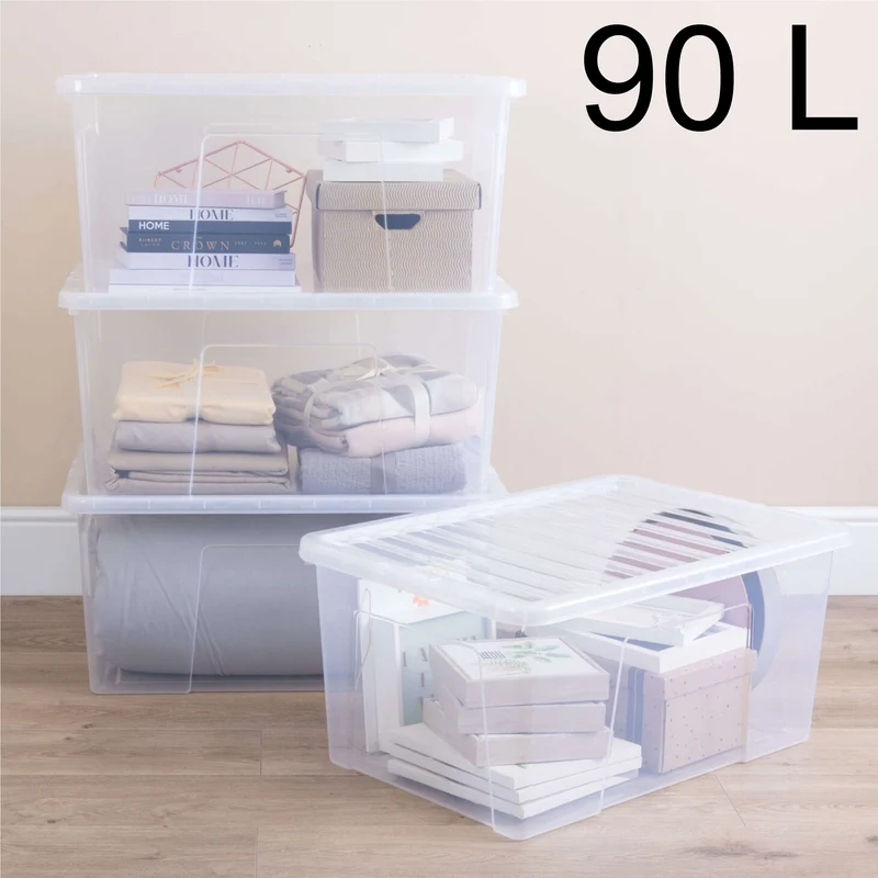 AUFBEWAHRUNGSBOX 90 Liter - Aufbewahrungsbox mit Deckel - 71x47x33cm - transparent klar - stapelbar - Kunststoff Box Stapelkiste Unterbettkommode Büro