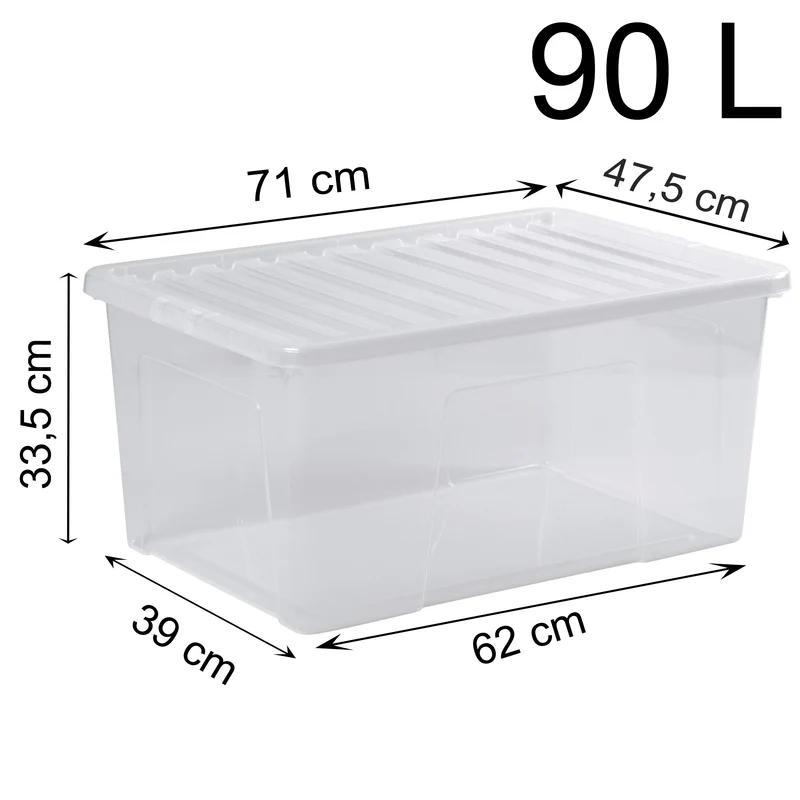 AUFBEWAHRUNGSBOX 90 Liter - Aufbewahrungsbox mit Deckel - 71x47x33cm - transparent klar - stapelbar - Kunststoff Box Stapelkiste Unterbettkommode Büro