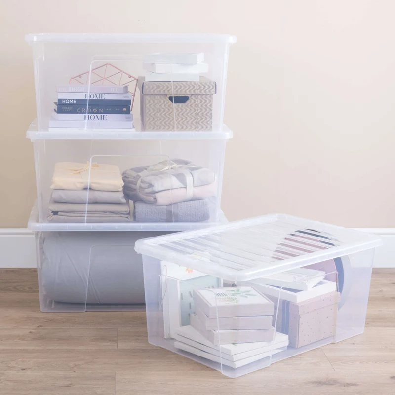 AUFBEWAHRUNGSBOX 90 Liter - Aufbewahrungsbox mit Deckel - 71x47x33cm - transparent klar - stapelbar - Kunststoff Box Stapelkiste Unterbettkommode Büro