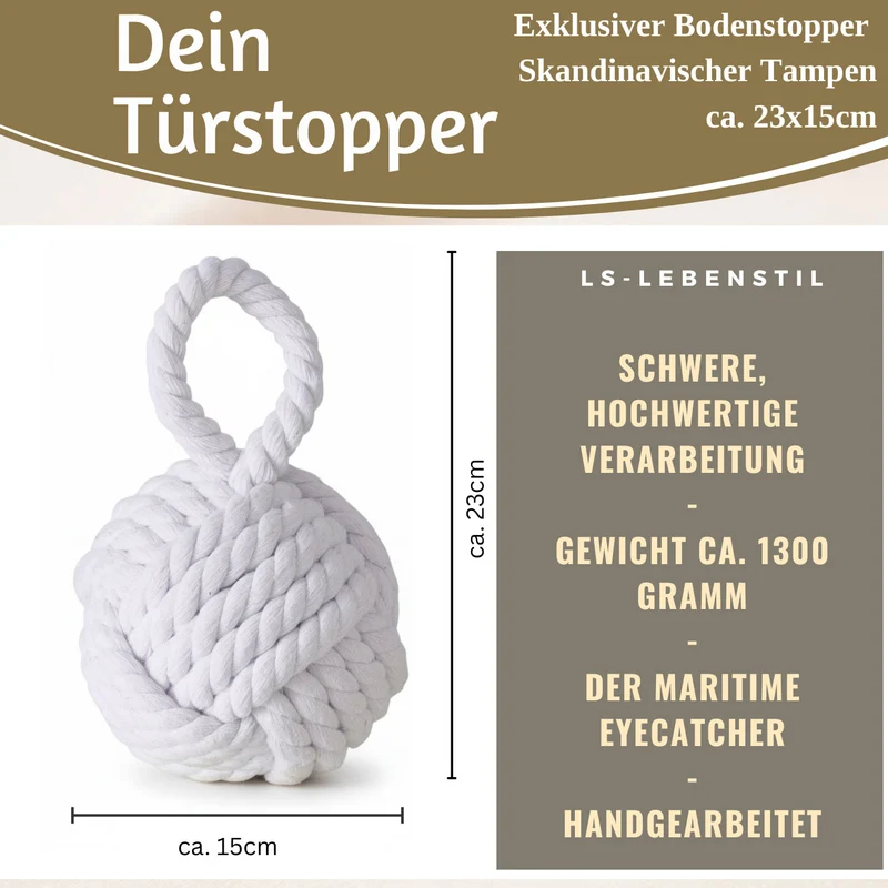 Boden Türstopper Malmö 23cm Weiß 1,3kg Jute Knoten Tragegriff Türpuffer Türhalter Türsack