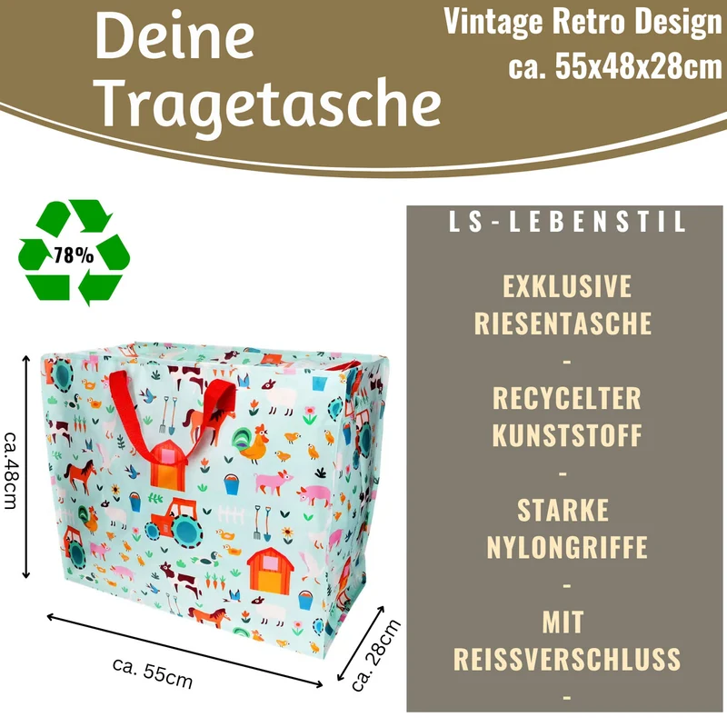 XXL Jumbo Bag Farmyard Bauernhof Tiere 55cm Recycelt Kunststoff Aufbewahrungstasche Einkaufstasche