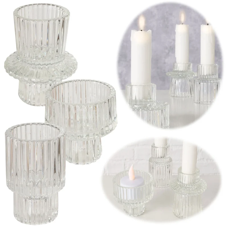 3er Set Glas Kerzenständer Klar 7cm Kerzenhalter für Stabkerzen Teelichter