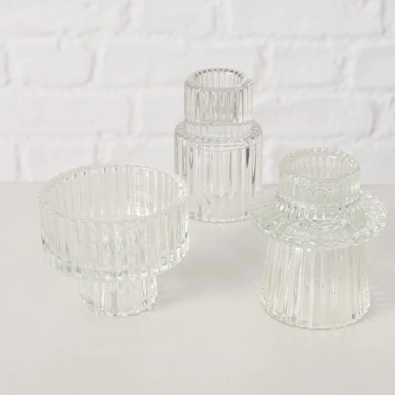 3er Set Glas Kerzenständer Klar 7cm Kerzenhalter für Stabkerzen Teelichter