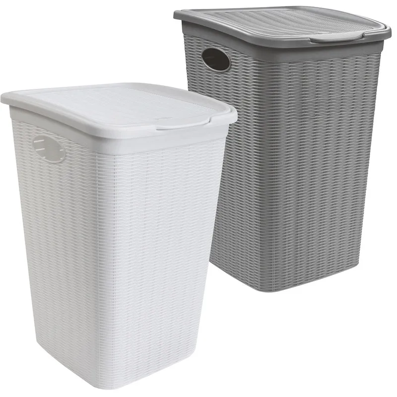 2x Wäschekorb 50 Liter groß Weiß und Grau - Rattanoptik mit Deckel - Sortierer Wäschesammler mit Löcher 38x36x54cm Wäschebox Wäschesortierer Haushaltskorb Korb Haushalt Kunststoff Wäschetruhe Wäschetonne Wäschesack