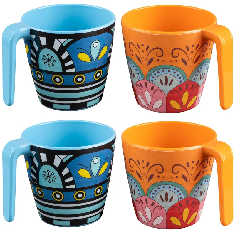 Melamin Tassen 350 ml ideal für Camping 4 Personen - Toskana Pastel - Stapelbar - Steingutoptik Mandala Trinkbecher Kaffeetasse Kaffeebecher
