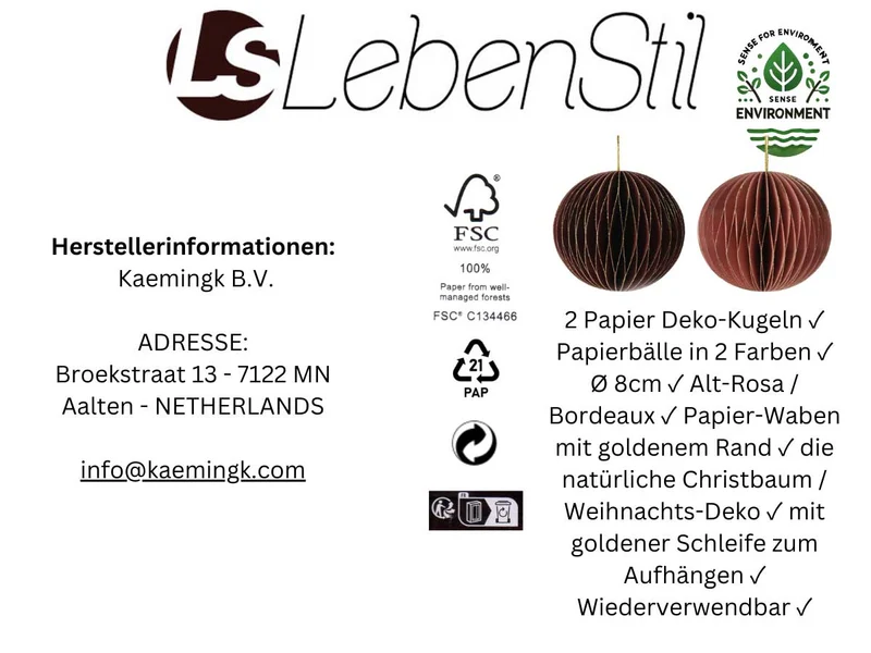 2x Wabenball Alt-Rosa Bordeaux 8cm Papierkugel Honeycomb Deko Party Weihnachten